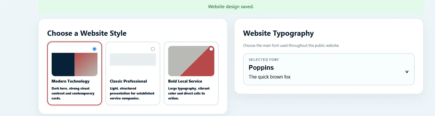 Selector de diseño y tipografía del Website Studio